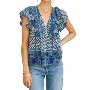 NEW M.A.B.E. viti print frill top in blue